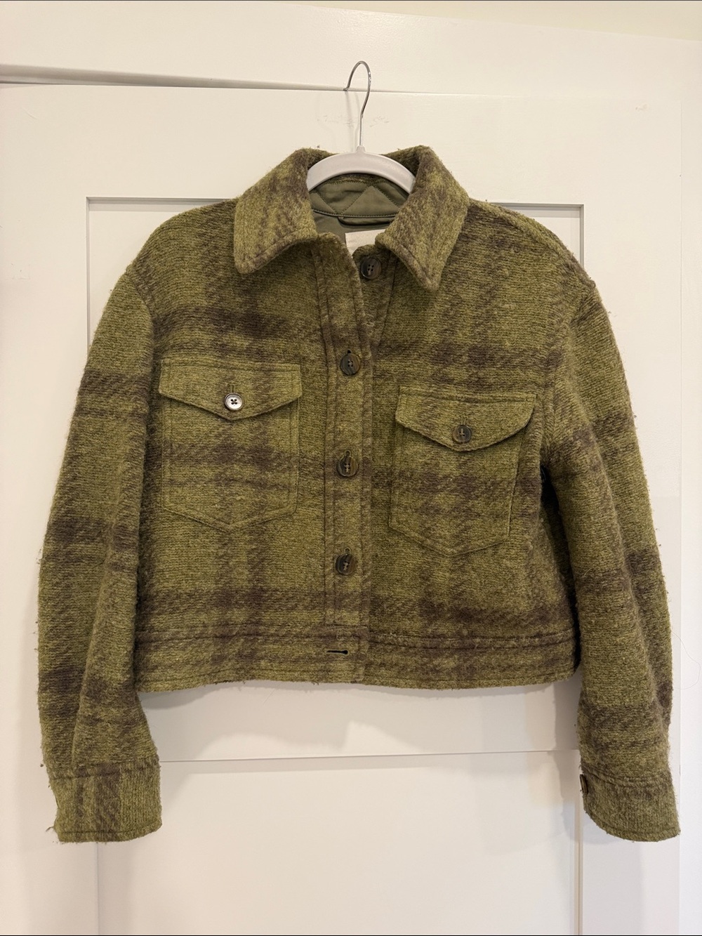 Aritzia Wilfred Free Wool Blend Plaid Cropped Shacket Jacket XS Olive Brown FW21